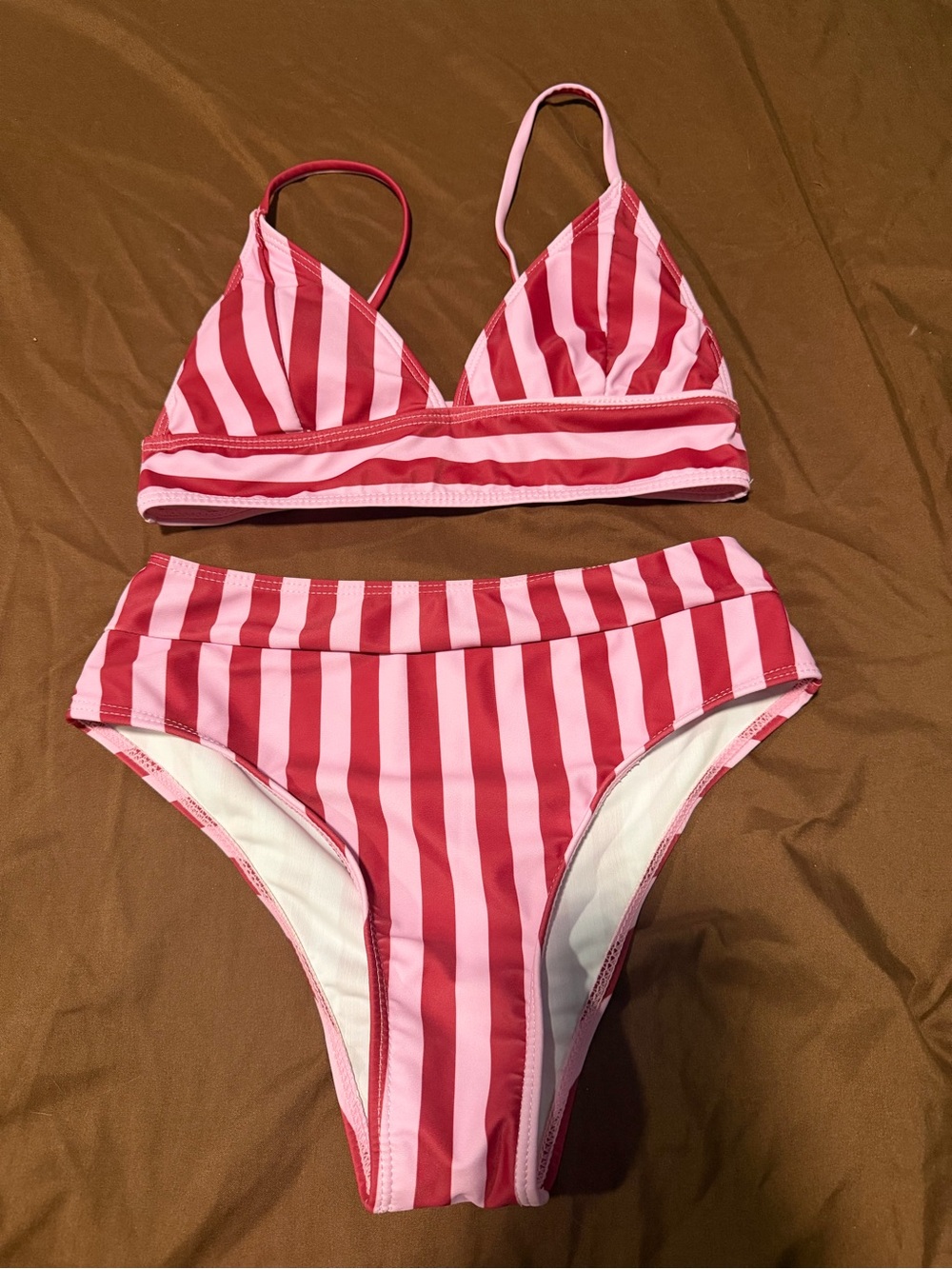 Swim Vcay Pink Red Striped High Waist Bikini Set XS